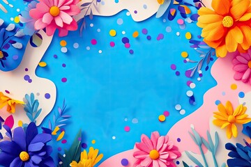 Fototapeta premium Bright and colorful Women's Day banner with flowers, confetti, and bold typography celebrating 'March 8th'