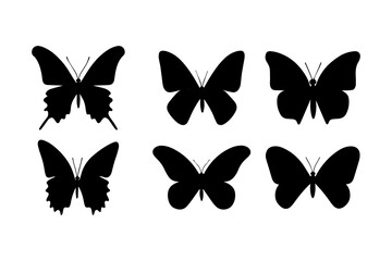 Black butterflies collection. Silhouettes, isolated on white background. Vector illustration.