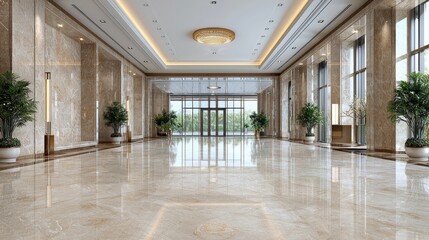 Luxurious hotel lobby, marble floor, grand entrance, outdoor view, event venue