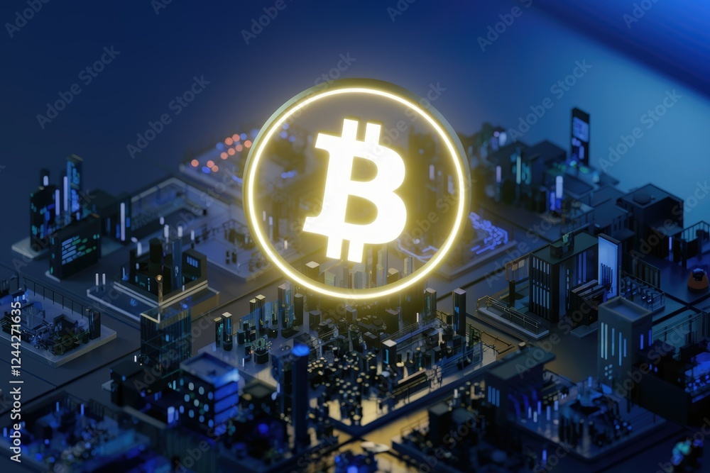 Poster bitcoin cryptocurrency symbol glowing over a futuristic cityscape representing blockchain technology