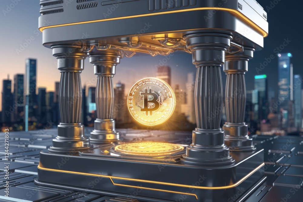Poster Futuristic Bitcoin structure supported by classical pillars, symbolizing crypto's integration into traditional finance against a cityscape backdrop.
