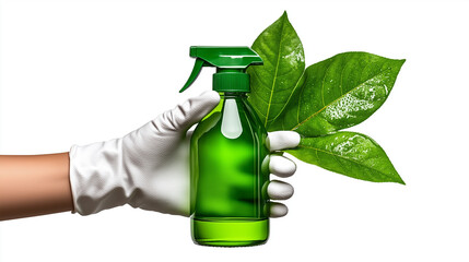 Eco-Friendly Cleaning Spray Bottle with Green Leaves. Hand Holding Green Cleaning Spray Bottle with...