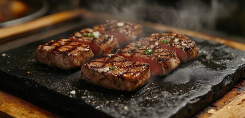 Grilled steak cooking on hot stone at gourmet restaurant for a delectable dining experience