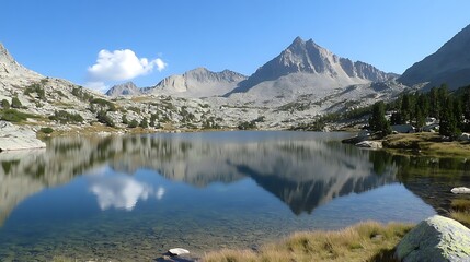 A serene alpine lake with crystal-clear water reflecting the surrounding mountains and a few scattered clouds