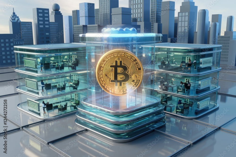 Poster bitcoin cryptocurrency in a futuristic cityscape, symbolizing digital finance and technological adva
