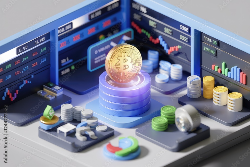 Aufkleber Bitcoin cryptocurrency trading visualization with charts and graphs showing market data and coin stacks.