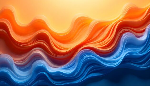 Dise&ntilde;o abstracto que presenta patrones fluidos en tonos vibrantes de naranja y azul, con texturas suaves parecidas a plumas que crean una sensaci&oacute;n de movimiento y profundidad