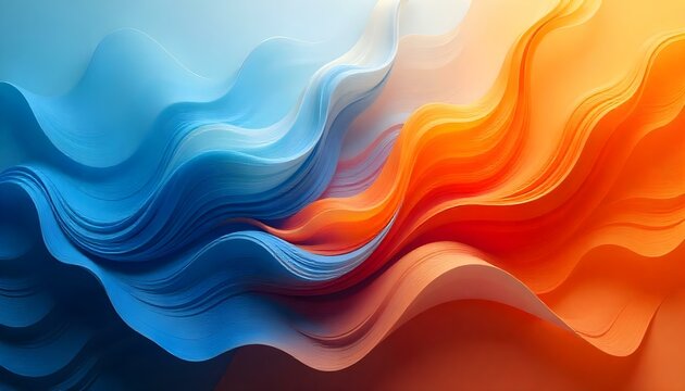 Dise&ntilde;o abstracto que presenta patrones fluidos en tonos vibrantes de naranja y azul, con texturas suaves parecidas a plumas que crean una sensaci&oacute;n de movimiento y profundidad