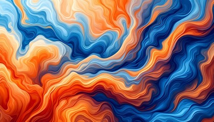 Obraz premium Diseño abstracto que presenta patrones fluidos en tonos vibrantes de naranja y azul, con texturas suaves parecidas a plumas que crean una sensación de movimiento y profundidad