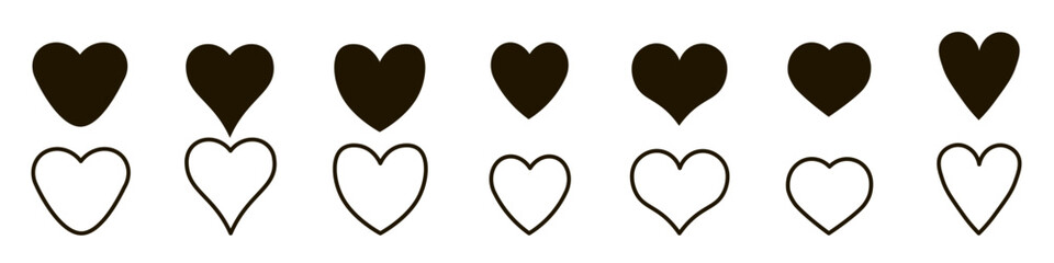 The heart badge is black. A feeling of love. Modern flat silhouette and outline sign, heart outline for design and decoration. Different shapes. Simple style. Vector image.