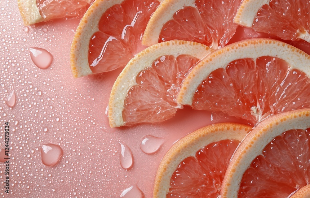 Poster slices of grapefruit arranged on a pink surface with water droplets in soft light