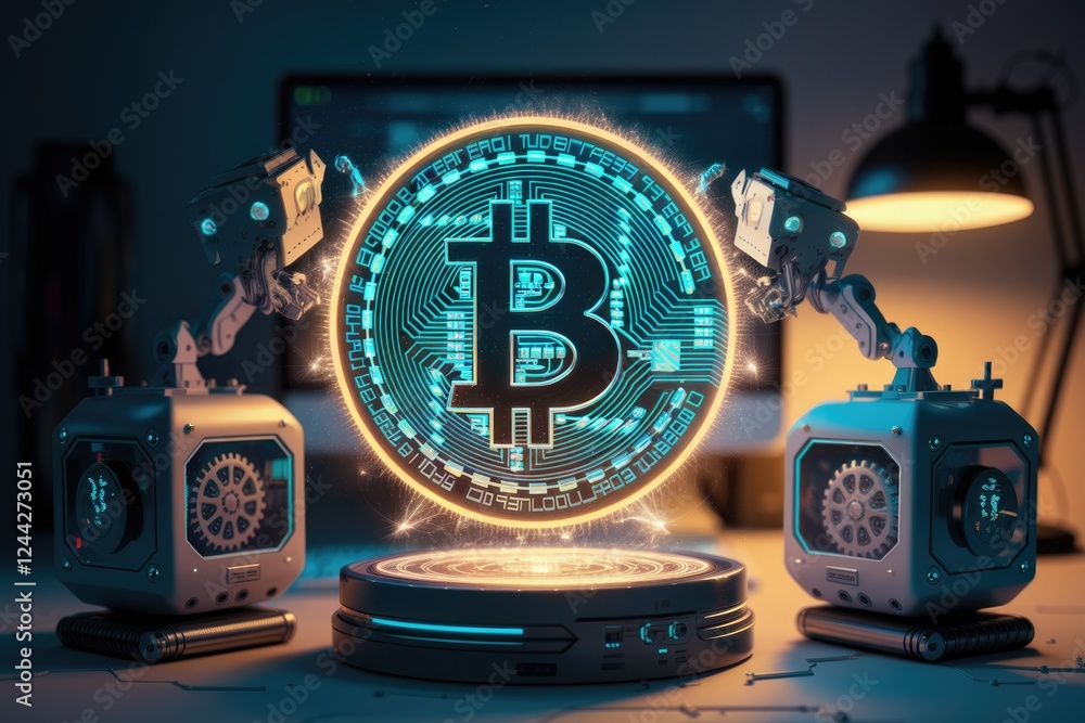Poster futuristic robots operate a holographic bitcoin, symbolizing cryptocurrency's technological innovati