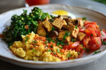 Turmeric scrambled tofu with sauteed mushrooms, chopped tomatoes, massaged kale and fried egg served on white plate for healthy vegan breakfast