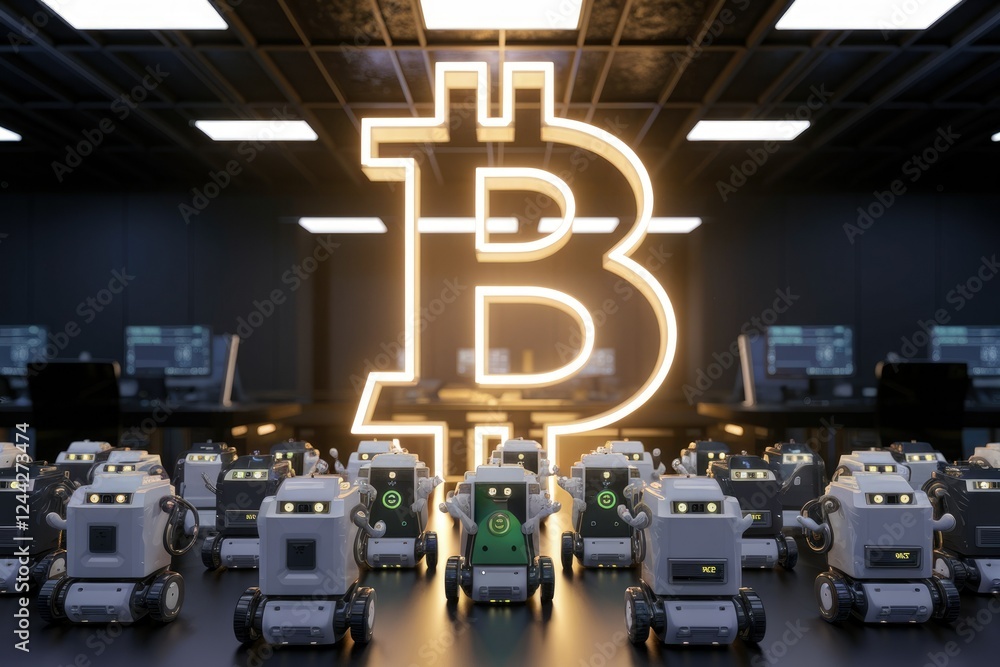 Poster A futuristic depiction of Bitcoin mining with numerous robots working diligently under a glowing Bitcoin symbol.