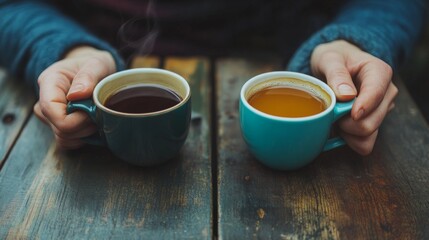 Person Choosing Between Tea and Coffee, Holding Both Cups