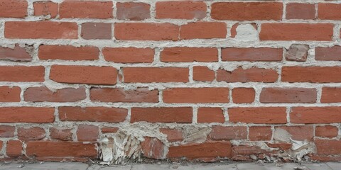 Weathered red brick wall exudes character, revealing layers of history and textures in an urban environment