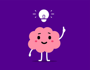 Vector cartoon illustration of smile brain character think creative idea. Flat doodle style design of cute happy pink brain with light bulb overhead and hand raised up with index finger
