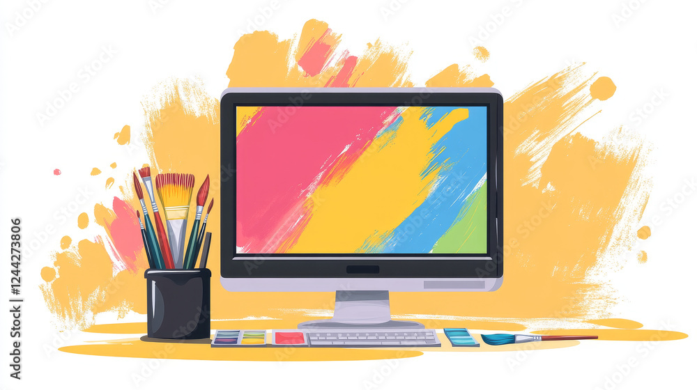 Fototapete design studio icon template of computer monitor and paintbrush in paint color pallet. vector isolate