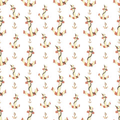 Wooden, striped anchors of coral and yellow color with rope. Watercolor illustration. Seamless pattern on a white background from the SEA FISHING collection. For fabric, textiles, wallpaper, paper