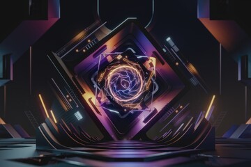 Abstract digital art depicting a glowing, swirling energy core within a complex geometric structure...