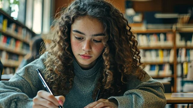 Focused student studying diligently in a modern library