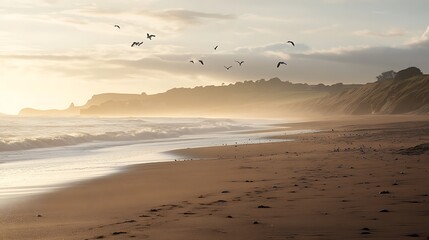 A serene beach at dawn, with the first rays of light illuminating the waves and the sound of seagulls