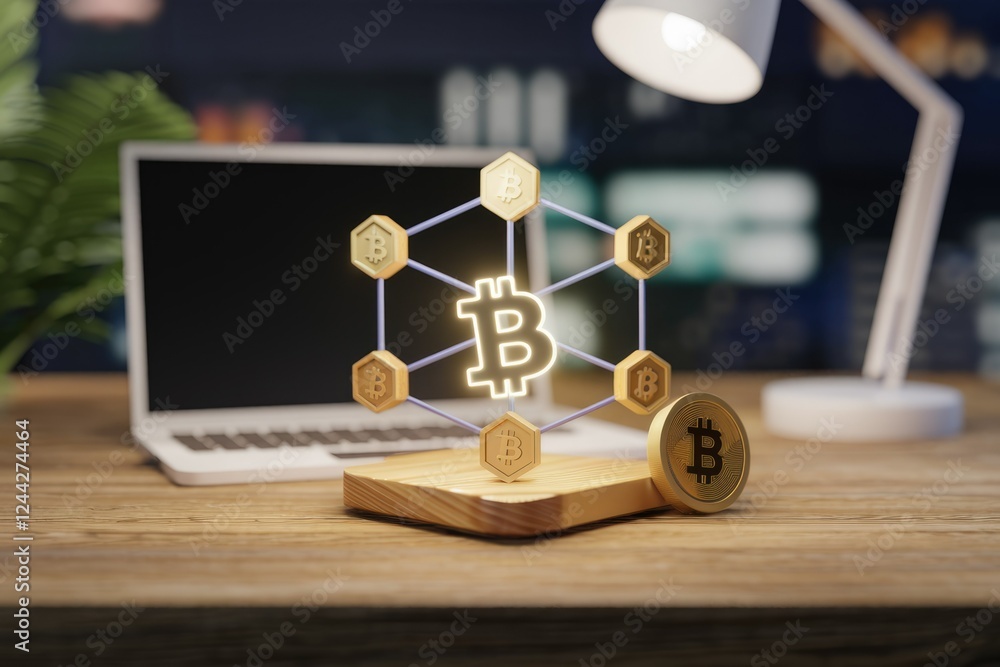 Poster Bitcoin network visualization: a glowing Bitcoin symbol connected to smaller Bitcoin symbols, symbolizing blockchain technology.