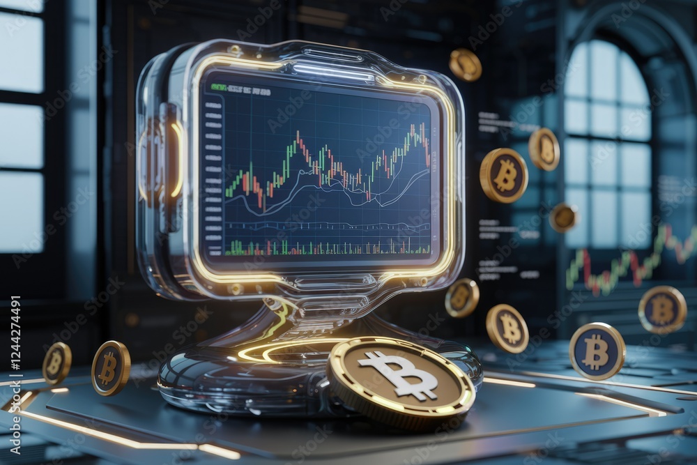 Aufkleber Futuristic display showing Bitcoin cryptocurrency price chart with digital coins.