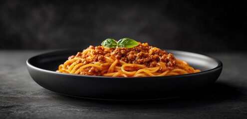 Delicious spaghetti bolognese served in a black bowl with fresh basil garnish