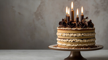 Tiramisu birthday cake with a lit candle on a cake stand, perfect for birthday party invitations, social media posts, and celebrations