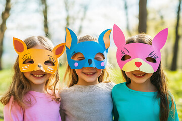 Group of children enjoying while wearing colorful cardboard animal masks.