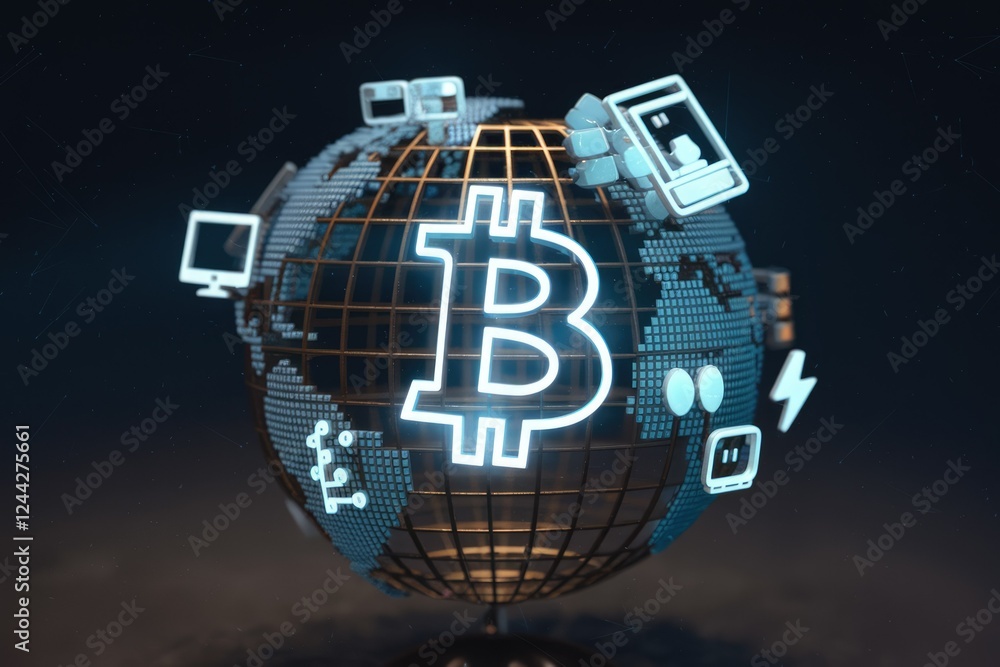 Poster Global Bitcoin network visualized on a digital globe, showcasing its worldwide reach and interconnected devices.