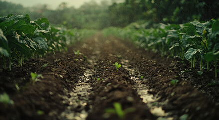 Rows of lush crops stretch through the agricultural farm, bathed in gentle morning light with a serene atmosphere and rich soil