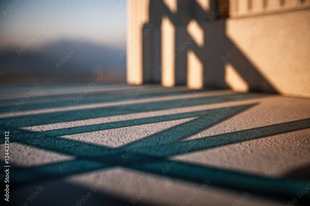 Poster teal geometric lines cast shadows on a light textured surface, creating a modern outdoor design.
