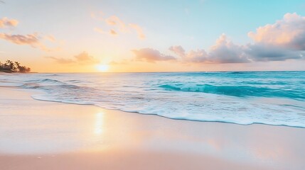 Fototapeta premium A serene beach at sunset with the sky painted in shades of pink and orange, gentle waves, and a cool breeze 