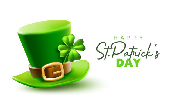 Vector illustration of leprechaun green hat with buckle and irish clover with happy saint patricks day word. 3d style design of leprechaun hat and shamrock on white background for st patrick day