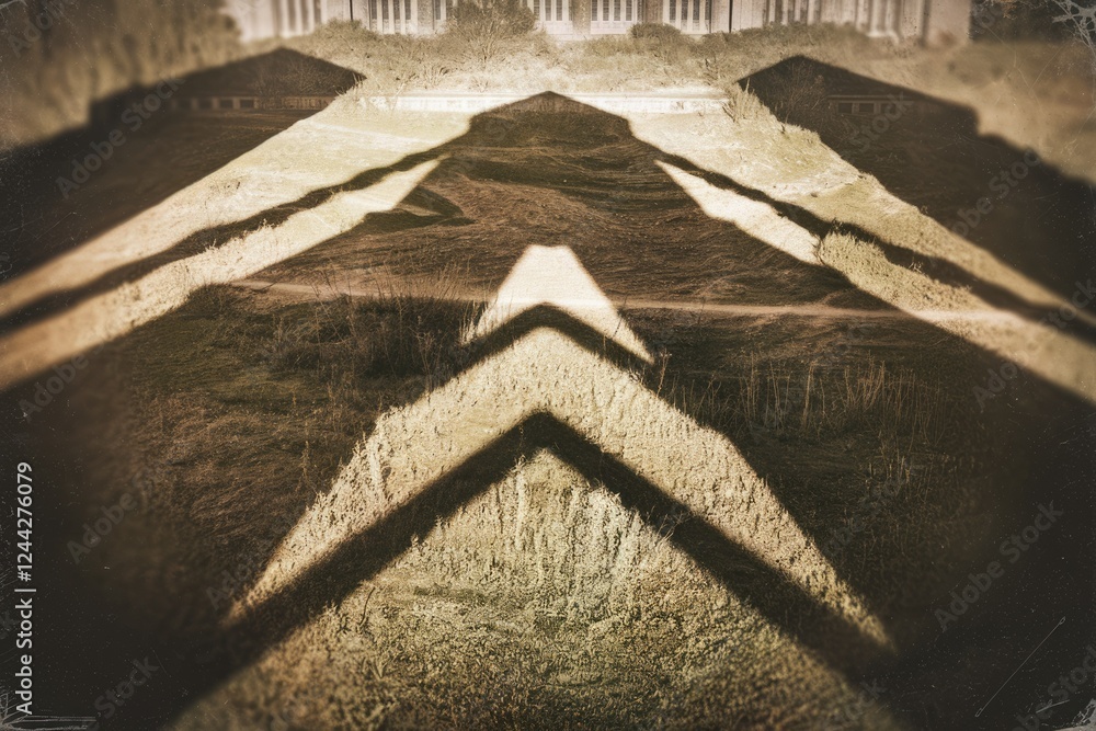 Poster Long shadows of buildings cast on grassy ground, creating a symmetrical pattern.