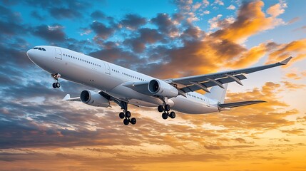 Airplane landing sunset cloudscape travel