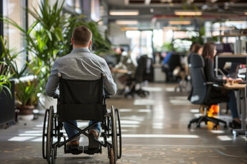 Obraz premium A man in a wheelchair moving through a modern office space surrounded by greenery and large windows