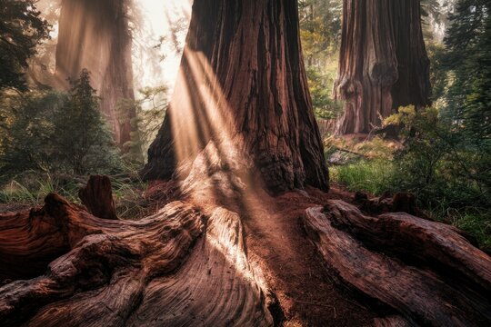 Sunbeams illuminate a majestic redwood forest, showcasing ancient trees and exposed roots.