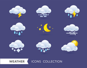 Vector illustration of different weather icon set of sun, cloud, rain drop, crescent moon, rainy thunder, snow. 3d cartoon style forecast weather design of sun, rain, half moon, snow cloud and thunder