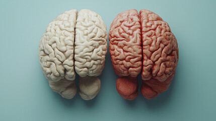 An artistic representation of the human brain from a top view, showcasing the left and right hemispheres with clear distinctions.