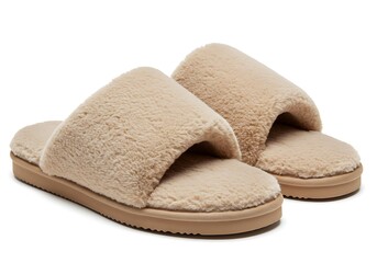 Closeup of beige slippers isolated on transparent background. Fluffy warm soft and cozy material home or house footwear, pair of comfortable female indoor shoes, casual wear