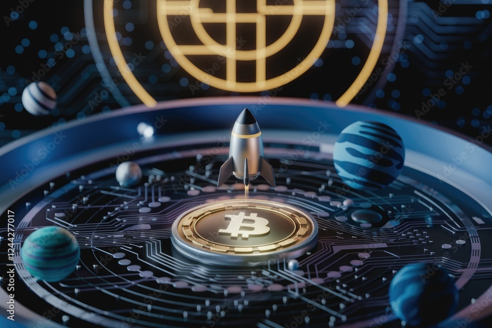 Poster bitcoin rocket launching into space on a futuristic circuit board, symbolizing cryptocurrency's grow