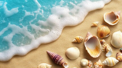Seashells on a Sandy Beach, Ocean Waves, Coastal Beauty