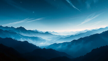 Fototapeta premium Abstract landscape with soft misty blue mountains and subtle white light streaks, serene atmosphere 