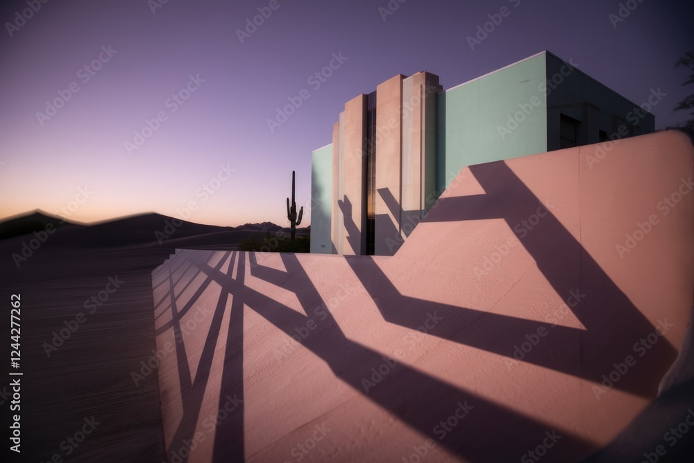 Poster desert architecture at sunset casts dramatic shadows on a modern building and surrounding landscape.