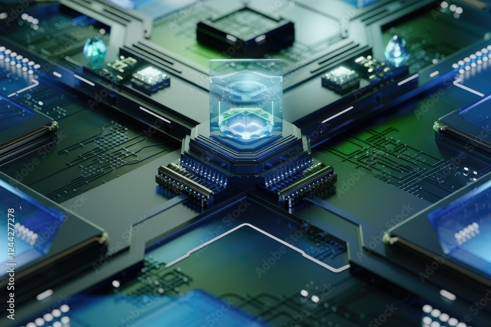Poster Futuristic microchip design with glowing core, showcasing advanced technology and intricate circuitry.