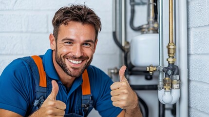 Repairman plumbing inspection : A smiling plumber gives a thumbs-up beside plumbing fixtures, showcasing his skills and confidence in his work environment.