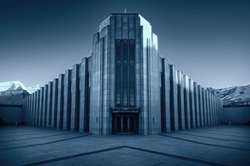 A majestic Art Deco building stands tall against a backdrop of snow-capped mountains, showcasing its imposing symmetrical design.